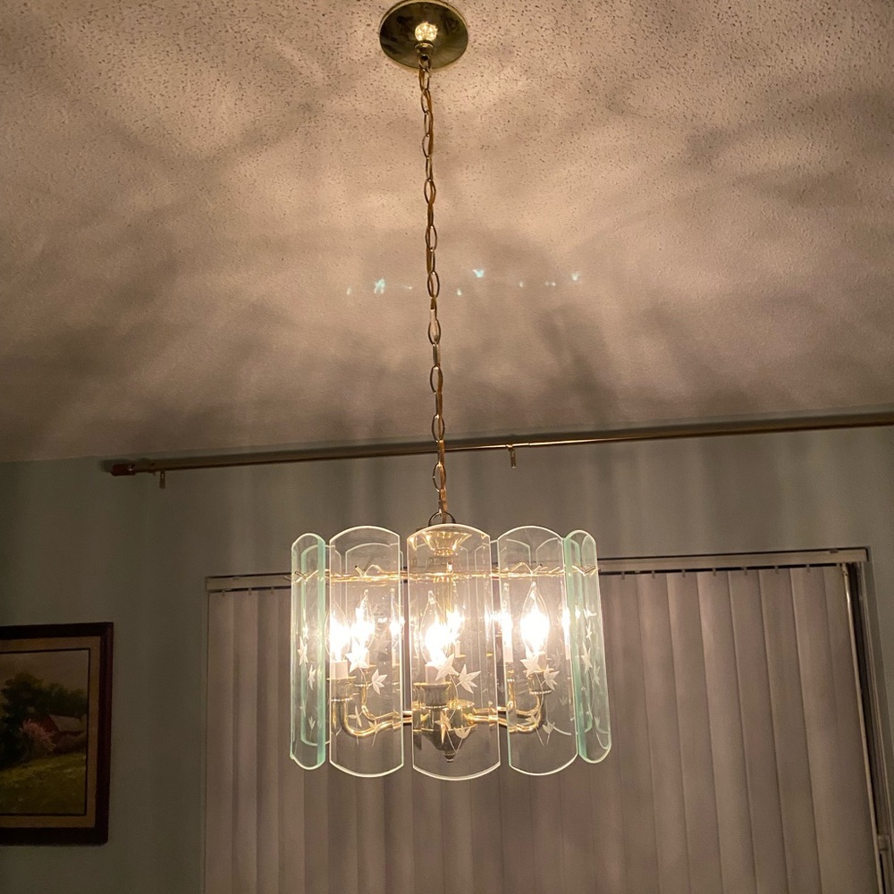 MCM Elegant Gold and Etched Glass Chandelier